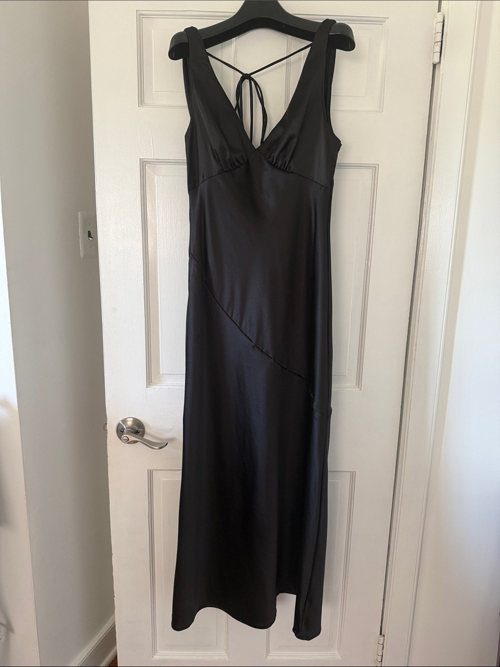 Sleek Black Maxi Slip Dress with V-Neck and Back Tie